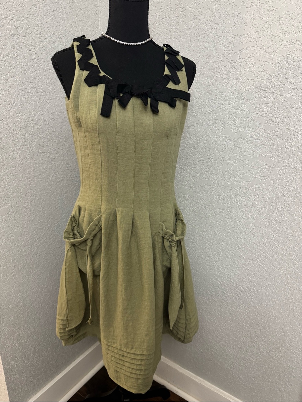 Olive Green Cotton Dress with Black Bow